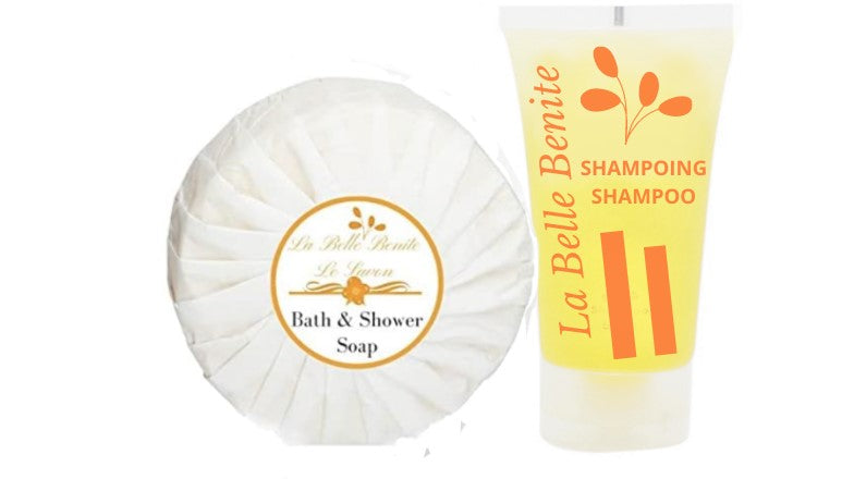 Set de courtoisie LA BELLE BENITE ,  savon 15g + Shampoing 30ml ( Lot se 50/ 100/ 200)